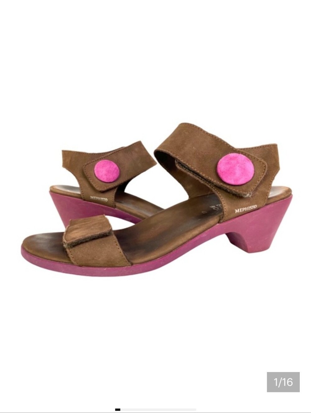MEPHISTO Strappy Low Heel Sandals Retro Purple Rubber Nubuck Brown Leather 10.5